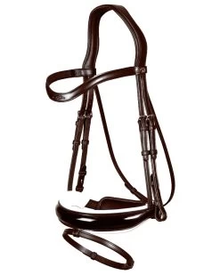 Dyon Dressage Patent Large Crank Noseband Bridle With White Padding And Flash Brown