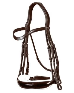 Dyon Dressage Patent Large Crank Noseband With White Padding Double Bridle Brown